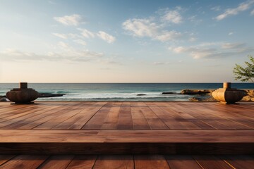 Wooden podium for display product, placed on a pristine white beach, with the serene ocean backdrop enhancing the product's simplicity. Generative AI