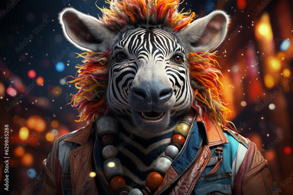 Poster a whimsical new year background with cute zebra celebrating in festive outfits. generative ai techno