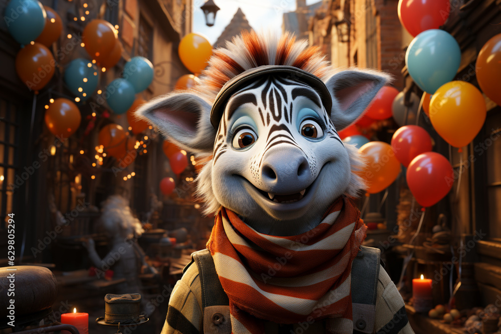 Aufkleber a whimsical new year background with cute zebra celebrating in festive outfits. generative ai techno