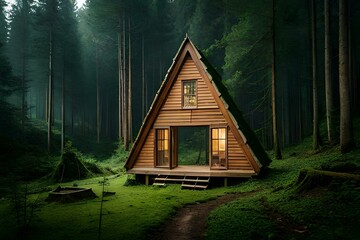 Triangle house made of wood in the forest in the rainy season.AI generated
