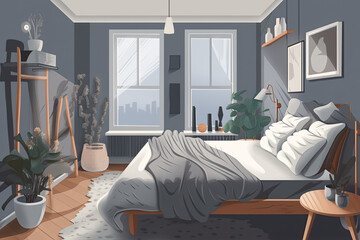 Modern Scandinavian style bedroom design. Generative AI.