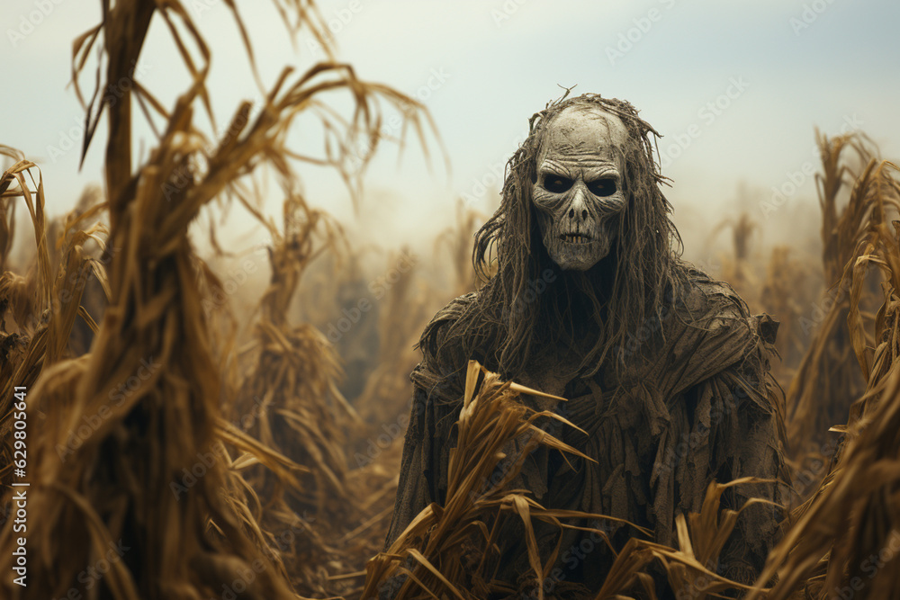Poster A ghostly cornfield with a scarecrow with the face of a Lion and ghostly figures hiding among the stalks. Generative AI technology.