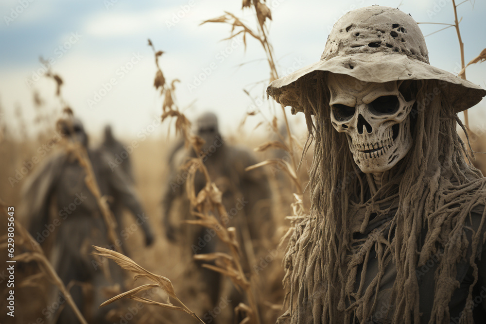 Aufkleber A ghostly cornfield with a scarecrow with the face of a Lion and ghostly figures hiding among the stalks. Generative AI technology.