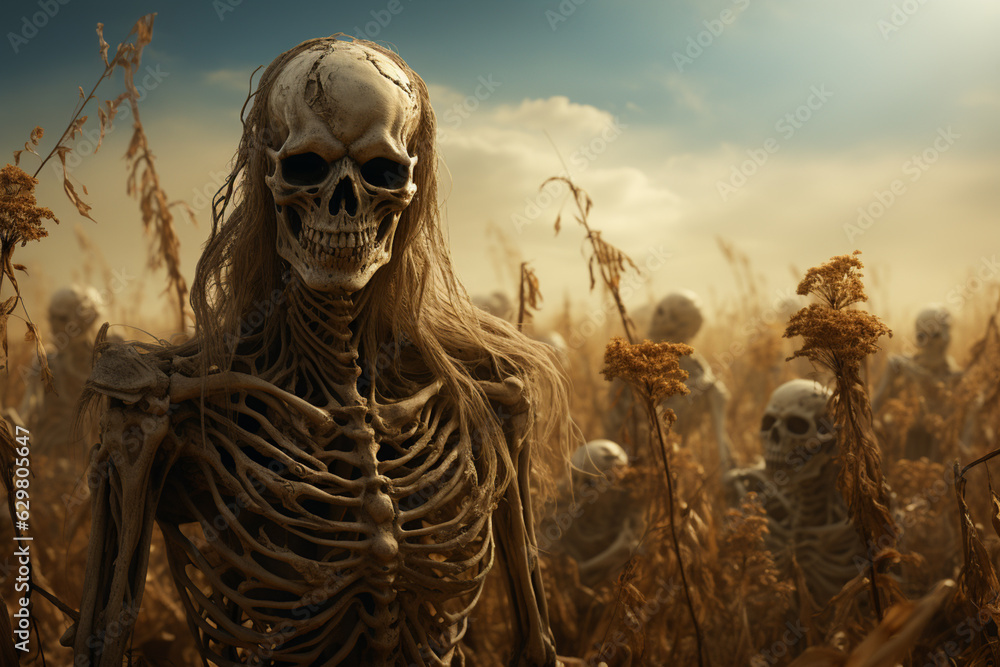 Poster A ghostly cornfield with a scarecrow with the face of a Lion and ghostly figures hiding among the stalks. Generative AI technology.
