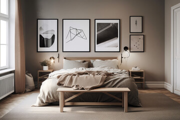 Modern Scandinavian style bedroom design. Generative AI.