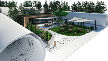 Bauzeichnungen mit einem Restaurant-Modell mit Außengastronomie  (Landschaft im Hintergrund) - 3D Visualisierung