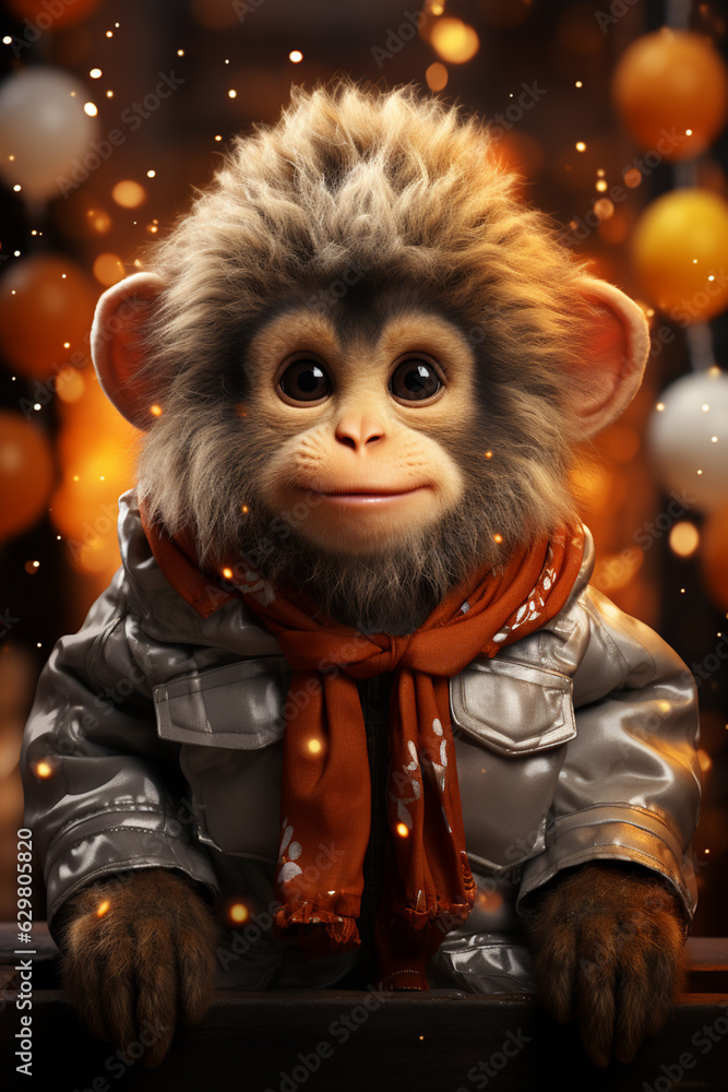 Poster a whimsical new year background with cute monkey celebrating in festive outfits. generative ai techn