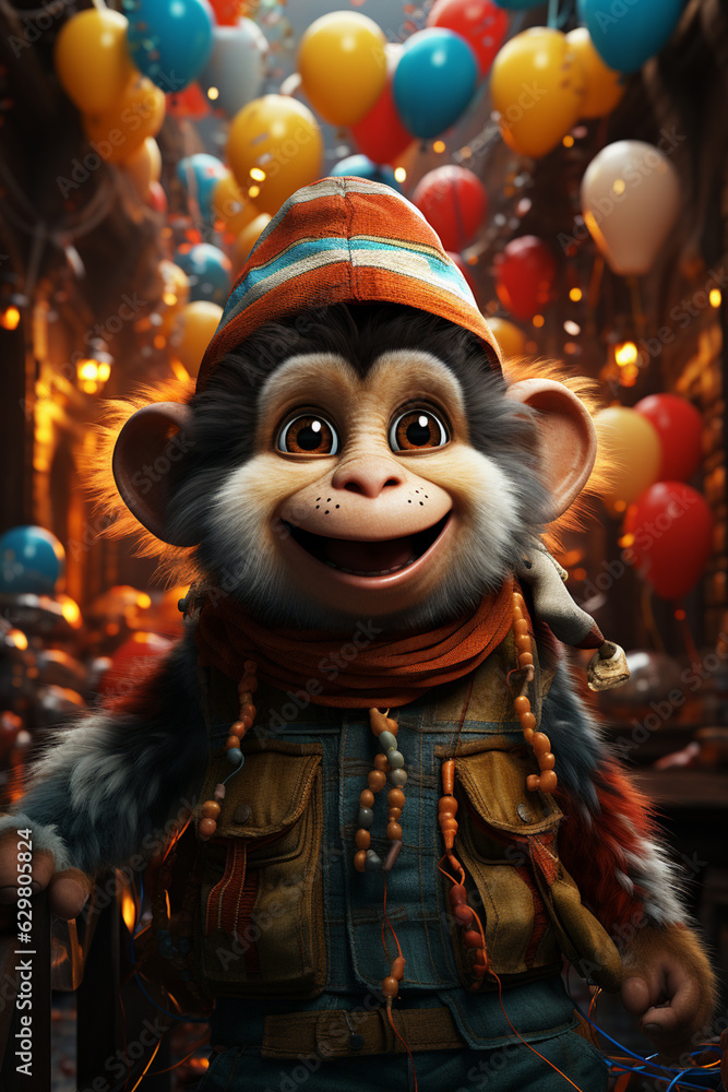 Poster a whimsical new year background with cute monkey celebrating in festive outfits. generative ai techn