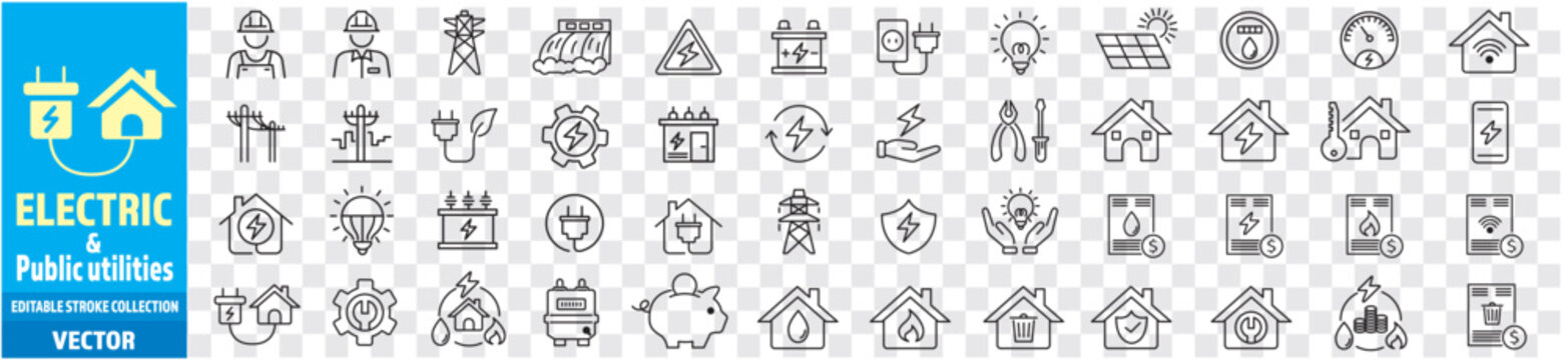 Electricity Public utilities electricity Gas water heating set of icons vector illustration editable stroke. 