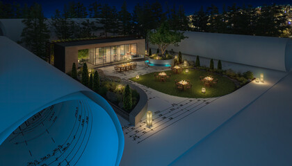 Restaurant mit Außengastronomie bei Abendbeleuchtung (Stadt-Panorama im Hintergrund) - 3D Visualisierung