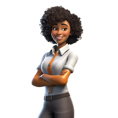 3D cartoon character smiling black young woman standing with arms crossed, isolated on white and transparent background, ai generate