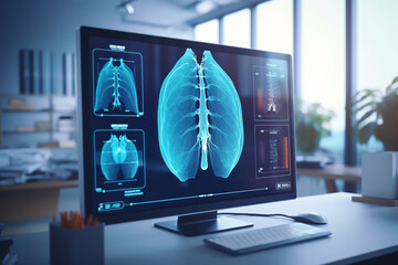 Lung x-ray picture of patient on computer screen in a hospital laboratory. Medical and technology concept. Generative AI. - obrazy, fototapety, plakaty