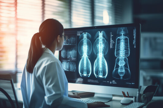 Scientist or doctor analyzing body x-ray exam picture on computer display monitor screen on laboratory. Medical with futuristic technology concept. Generative AI.