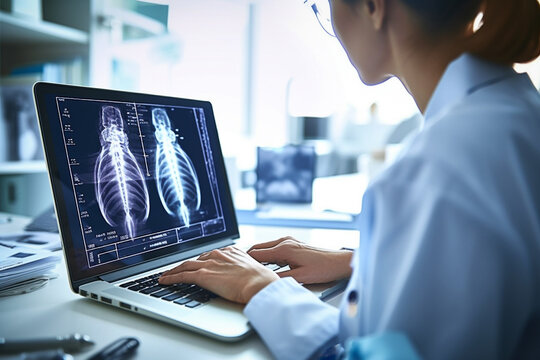 Scientist or doctor analyzing body x-ray exam picture on computer display monitor screen on laboratory. Medical with futuristic technology concept. Generative AI.