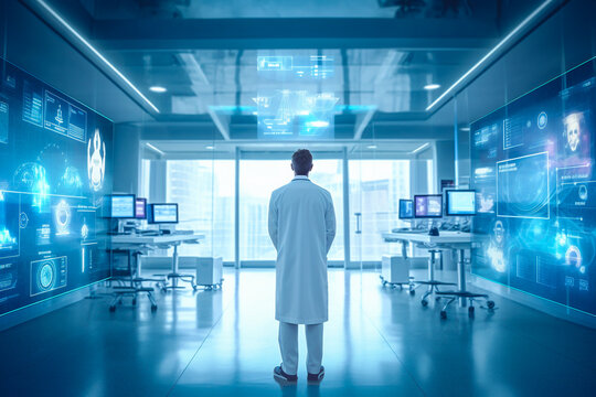 Futuristic virtual interface room. Scientist or doctor analyzing medical exam in modern laboratory. Medical with futuristic technology concept. Generative AI.