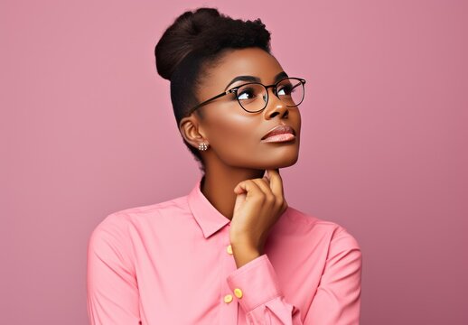 Portrait of a young woman in a pink shirt looking to the side and thinking, isolated on pink studio background.