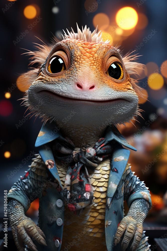 Poster a whimsical new year background with cute lizard celebrating in festive outfits. generative ai techn