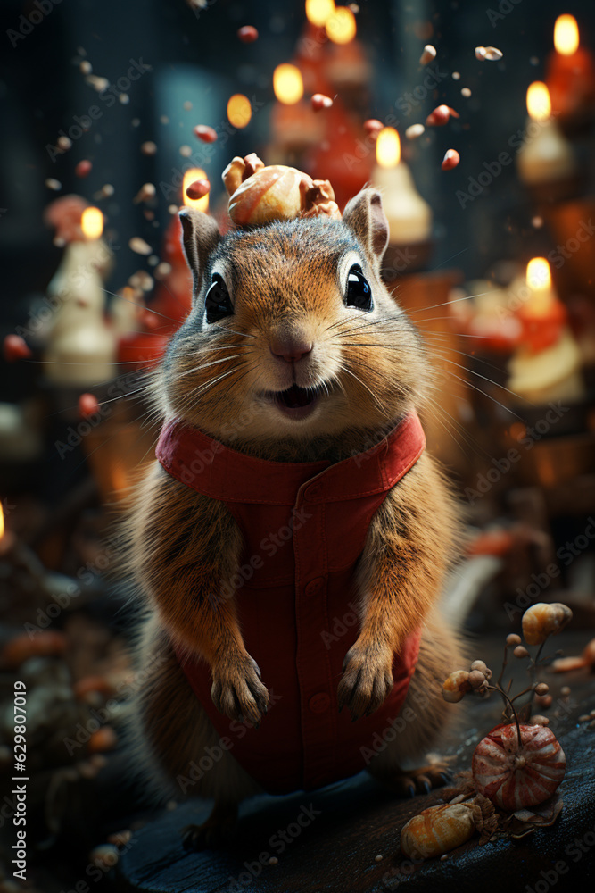 Poster a whimsical new year background with cute squirrel celebrating in festive outfits. generative ai tec