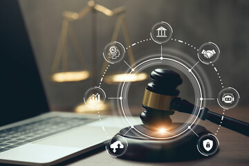 AI ethics and AI Law concept. Judicial gavel and laptop with legal astute icons on the table. artificial intelligence law and online technology of legal law regulations. AI technology group control. - obrazy, fototapety, plakaty