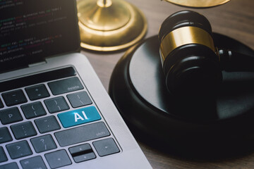 AI ethics and AI Law concept. Ai text on the keyboard button for artificial intelligence law and online technology of legal law regulations. Controlling high-risk artificial intelligence technology.