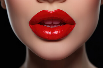Close up of sexy red lips. Beautiful perfect makeup. Beautiful red lip gloss. Cosmetic. Mouth open, big lips. Cosmetic beauty procedures