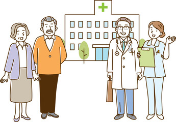病院と医者と看護師と老夫婦の全身イラスト