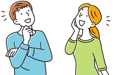 上を見上げて喜ぶ若い男性と女性のセット