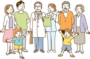 地域医療のイメージ_医者と笑顔の人々と子ども