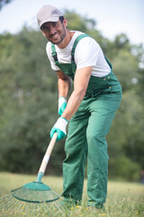 smiling male gardener raking grass
