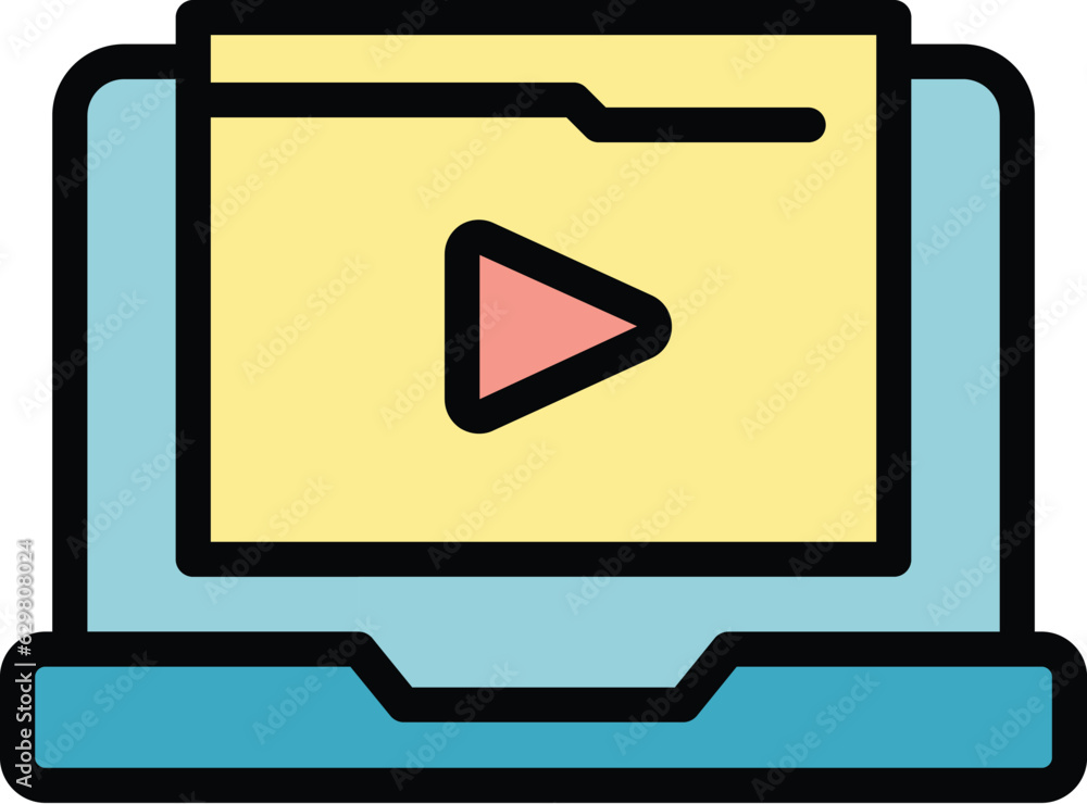 Poster laptop video icon outline vector. online tutorial. watch button color flat