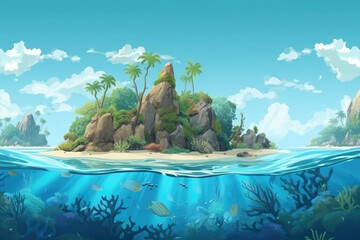 Tropical island in the ocean with coral reefs and fish. Palm trees beach vacation. Underwater landscape, generative AI