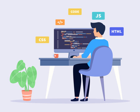 Programmer and engineering development write code on monitor screen Software developer