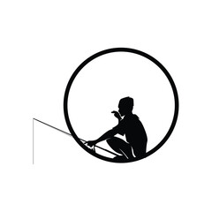 fishing logo icon vector, catch fish on the boat, outdoor sunset silhouette design