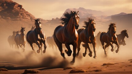 Group of horses running gallop in the desert. Generative AI