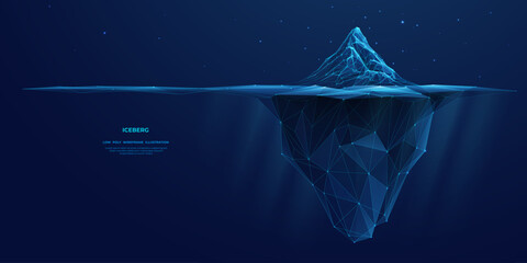 Digital Antarctic iceberg in the ocean in futuristic polygonal style on dark blue technology background. Abstract Metaphor of Big Data or hard work to success. Low poly wireframe vector illustration. - obrazy, fototapety, plakaty