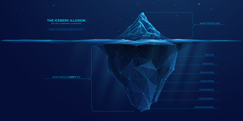 Abstract Iceberg illusion diagram. What people see and what is success hidden part of hard work. Low poly wireframe vector illustration on technology blue background.