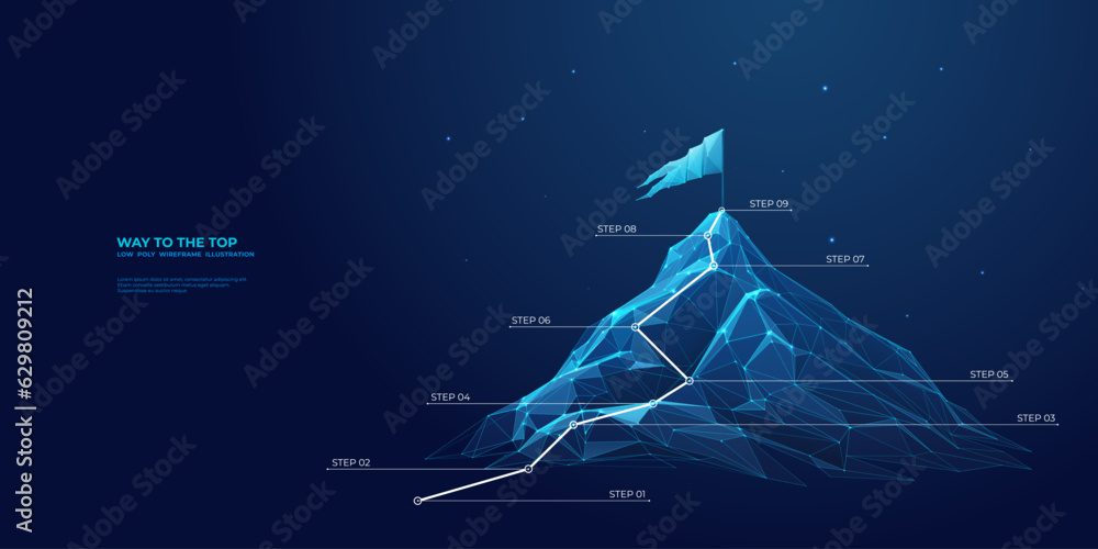 Poster abstract mountain with flag and with a route to the top. infographics with nine steps to success. lo