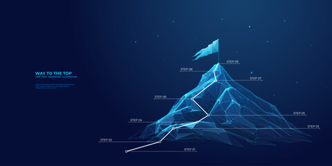 Abstract mountain with flag and with a route to the top. Infographics with nine steps to success. Low poly wireframe vector illustration. Way to the goal in digital futuristic style.