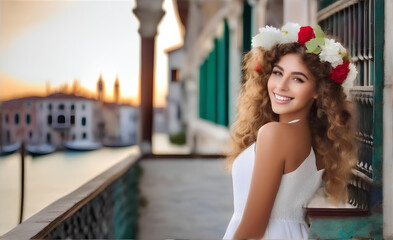 Fototapeta na wymiar photo, a beautiful smiling woman with curly hair and flowers on her head. ai