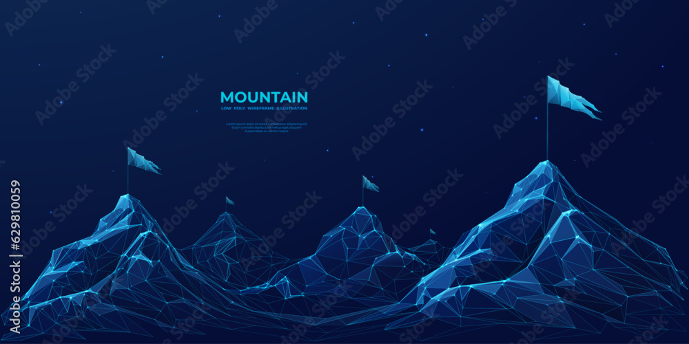 Poster Abstract digital mountains range with flags in a futuristic low poly style. Path to success and business goals achievement concept. Polygonal wireframe vector illustration on technology background.
