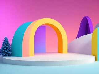 minimal blank arch beauty podium backdrop for product display, vibrant colors, Winter 3d scene background.