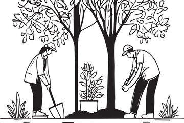 Man and woman Planting Tree, vector linear illustration sketch. Nature protection concept