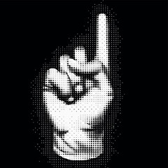 Halftone hand gesture with index finger as collage graphic element. Vintage punk grunge hand with fingers dotted pattern. Vector illustration of retro trendy doodles on black background