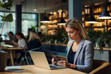 Woman working with digital devices in a co-working space with top-side copyspace filled with ambient light
