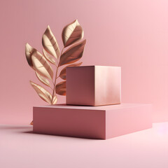 gold pink geometry shape background with geometry with tropical leaf podium minimalist mock up scene 3d 