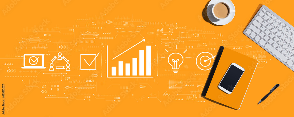 Poster marketing concept with a computer keyboard and office items