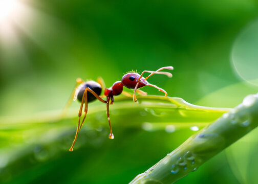 macro closeup photo of an ant on blurred green natural background, sun rays, water droplets, created with generative ai technology