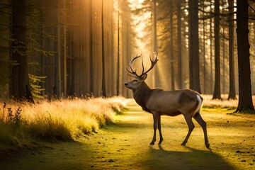 A majestic stag standing in a sunlit clearing, its antlers grand and impressive