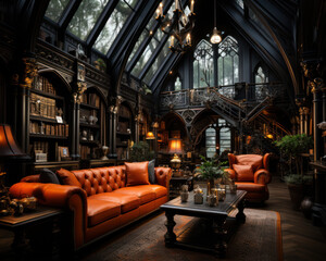  a orange library with black accents
