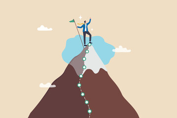 Success journey, milestone to reach goal, challenge or achievement, business progress or growth to succeed, climbing mountain mission concept, success businessman winner on hilltop milestone path.